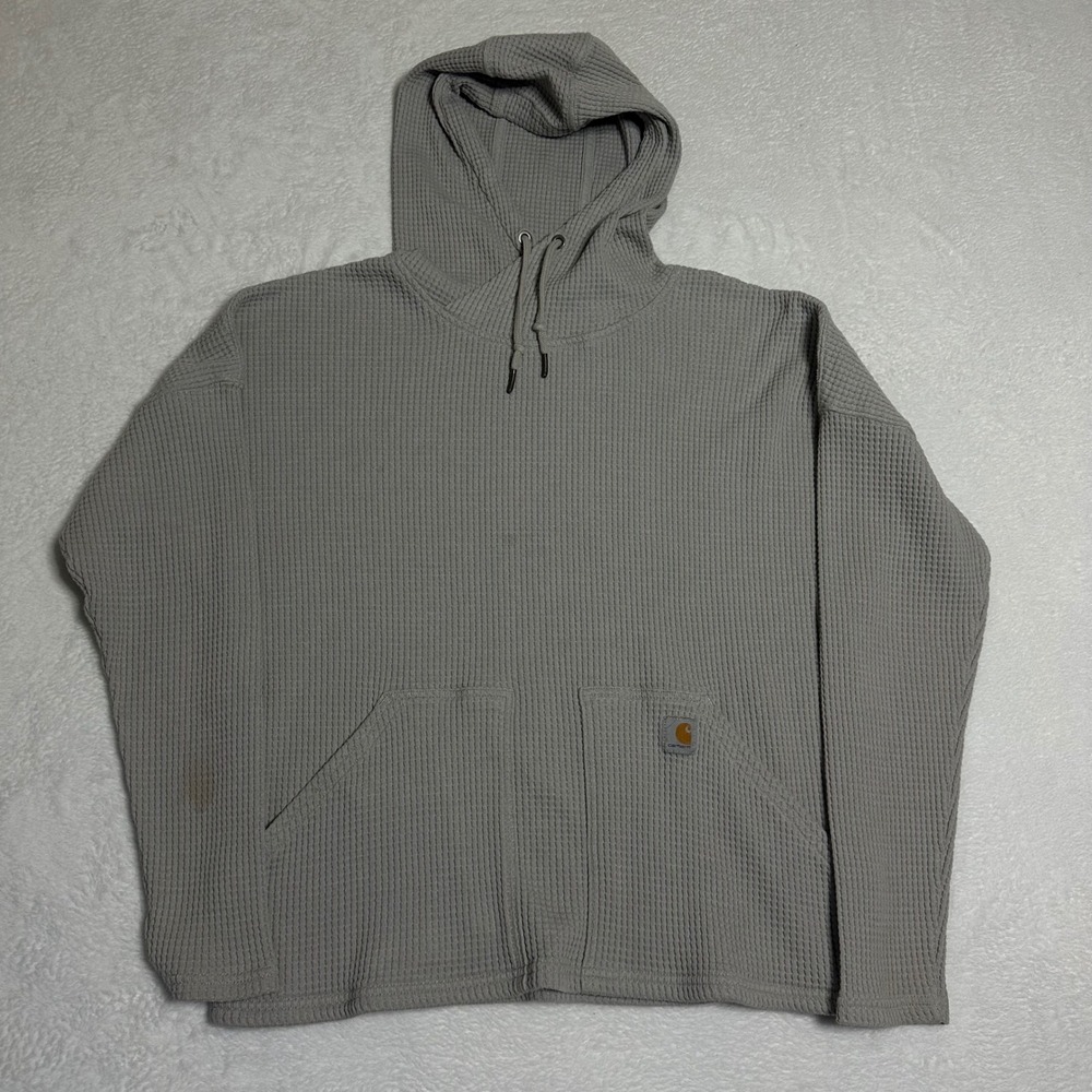 Carhartt Womens L Gray Waffle Knit Thermal Pullover Hoodie Relaxed Fit Workwear